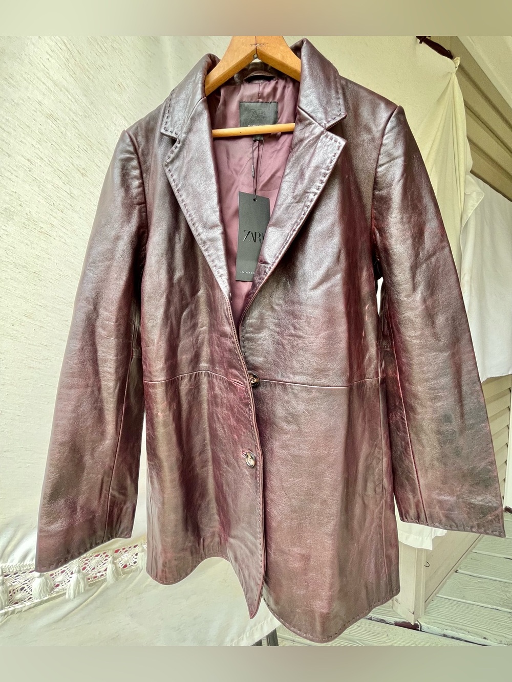 Zara 100% Leather Topstitching Coat Jacket Long Sleeves Button Up Lapel Collar - Picture 8 of 16